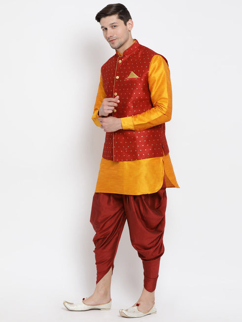 VM By VASTRAMAY Men's Maroon Zari Weaved Jacket With Kurta Dhoti Set